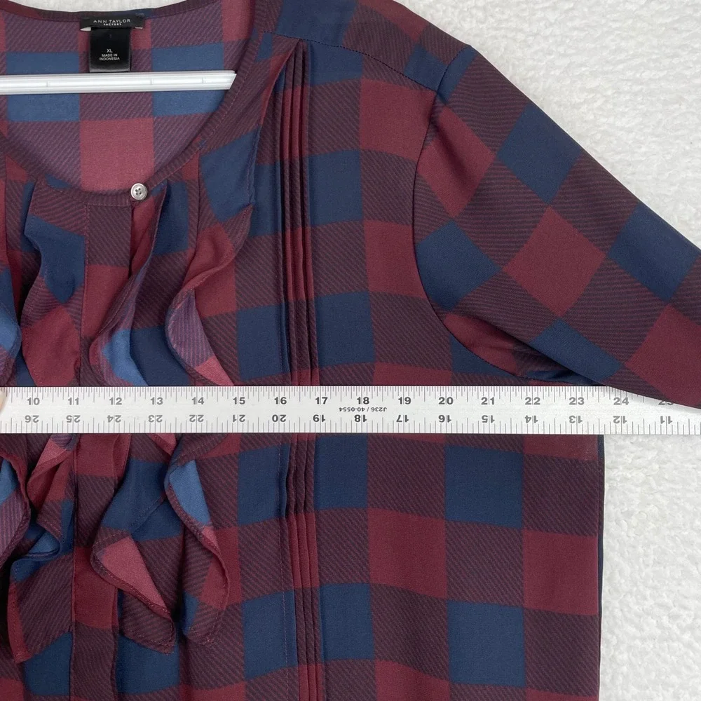 Ann Taylor Factory Burgundy Navy Buffalo Plaid Ruffle Pintuck Blouse XL Womens